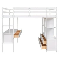 Кревет со целосна големина дрвена мансарда со биро, фиоки и полица за детска соба, бело