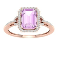 Империјал скапоцен камен 10K розово злато смарагд исечено розово аметист КТ два дијамантски ореол женски прстен
