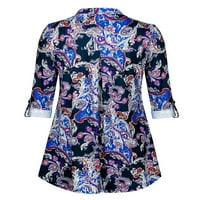 Chamaенски женски ролни ракави Туника врвови Paisley Флорална печатење V вратите Обични кошули со блуза