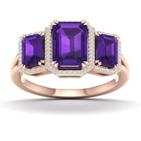 Империјал скапоцен камен 10K розово злато смарагд исечен аметист КТ два дијамантски три камени ореол женски прстен