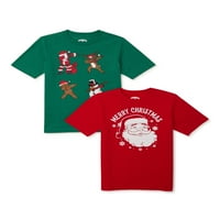 Божиќна маица за време на одмор на момчињата со кратки ракави, 2-пакувања, големини 4- & хаски