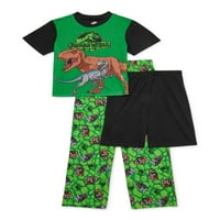 Jurassic World Boys 4- Ексклузивен врв на кратки ракави, шорцеви и панталони, 3-парчиња сет за пижами
